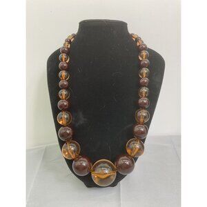 Vintage Chunky Amber Colored & Brown Bead Necklace With Adjustable Clasp